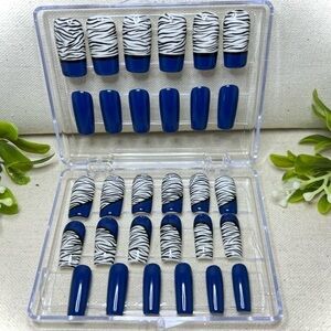 Long square dark blue with zebra print press on nails set of 30